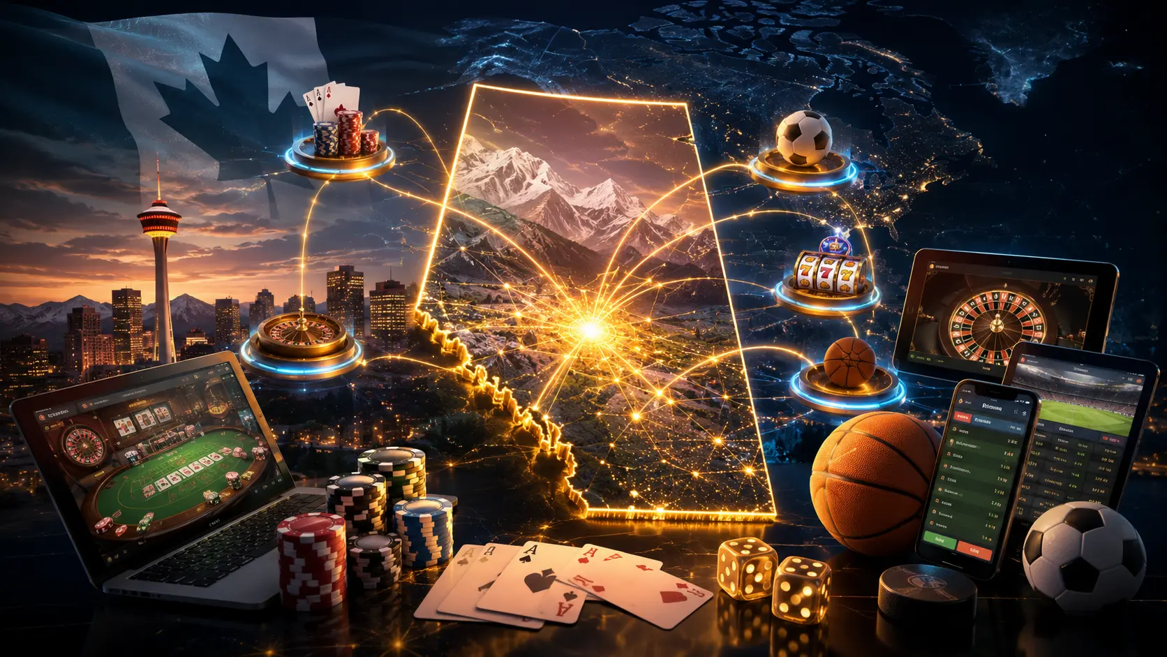 Digital Alberta map connecting online casino, roulette, slots and sports betting platforms across Canada