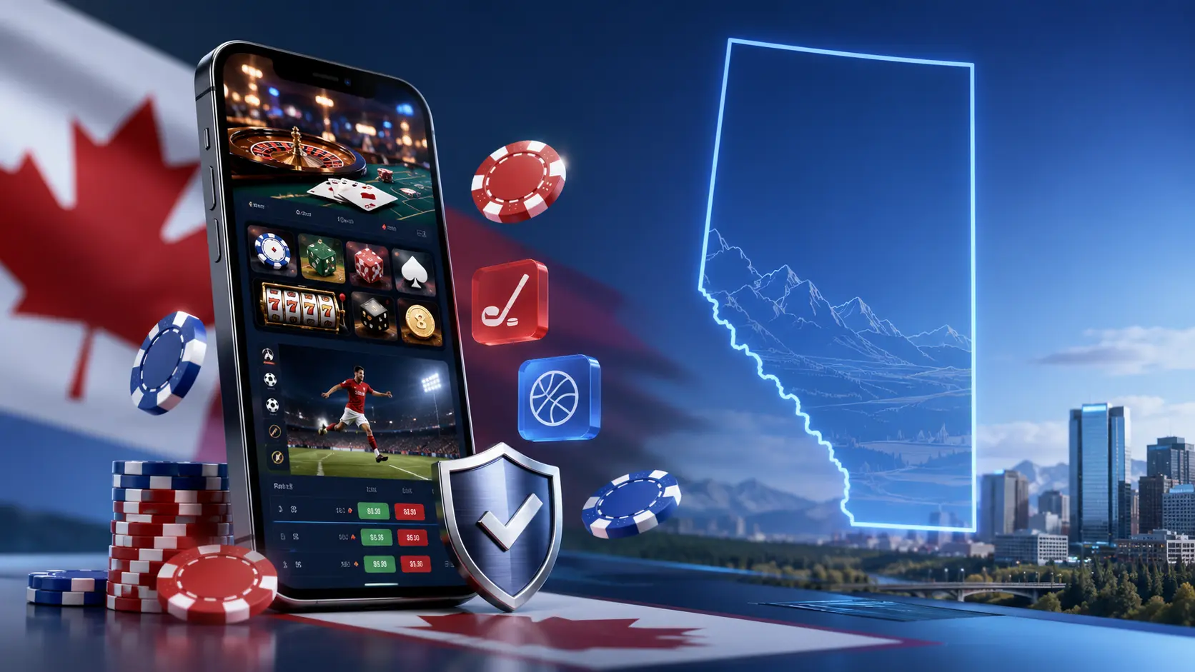 Mobile casino and sports betting app beside an illuminated Alberta map with casino chips and player protection shield