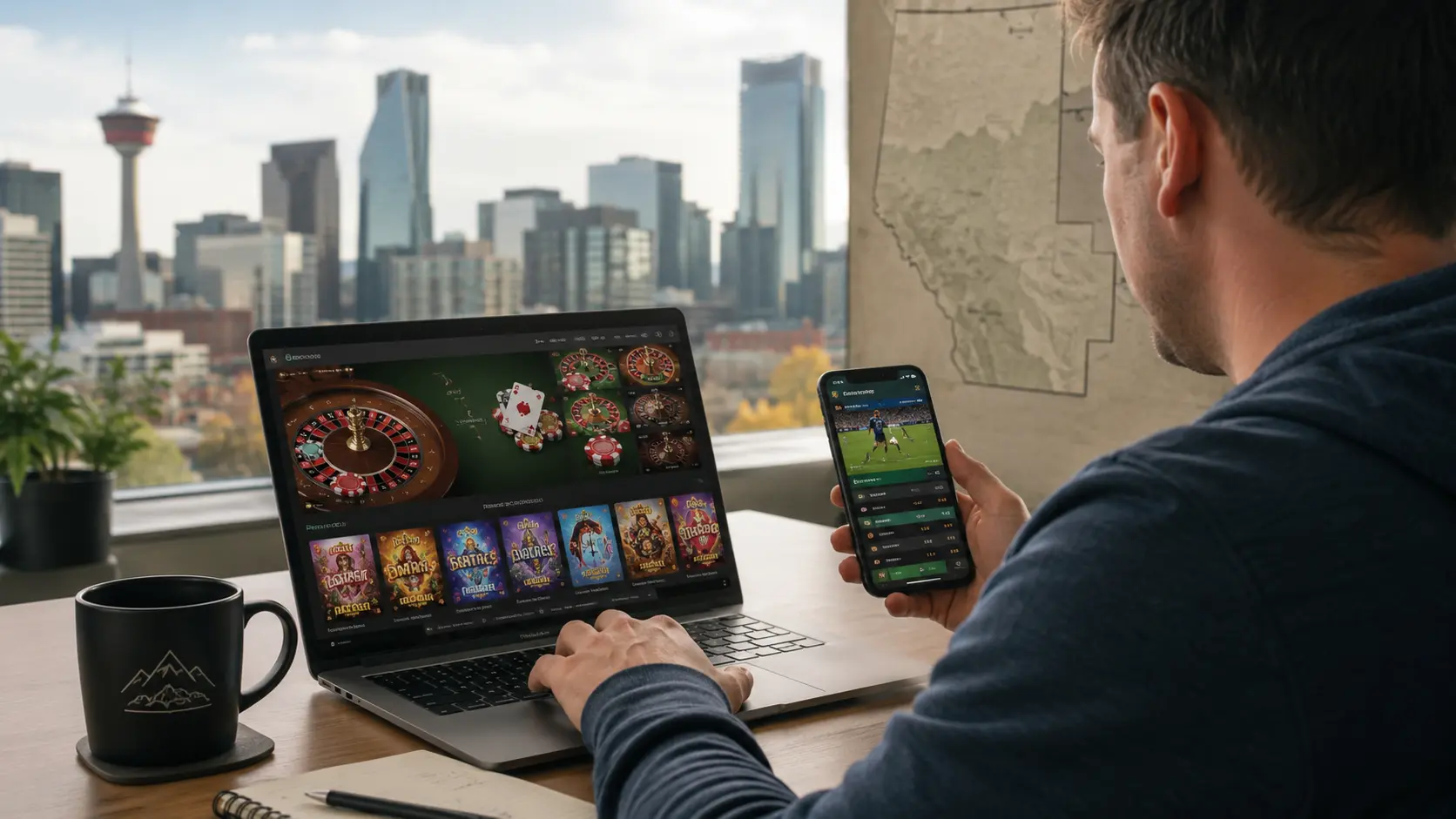 Alberta player using online casino and sports betting platforms on laptop and phone with Calgary skyline