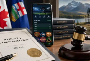 Alberta online gambling licence with casino app, Canadian and Alberta flags, compliance books and gavel