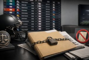 Locked confidential draft file and no betting symbol inside a professional football compliance office