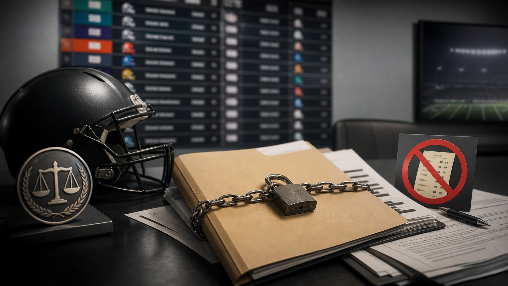 Locked confidential draft file and no betting symbol inside a professional football compliance office