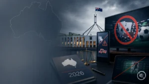 Australian Parliament with betting screens and blocked gambling symbols illustrating 2026 gambling advertising rules