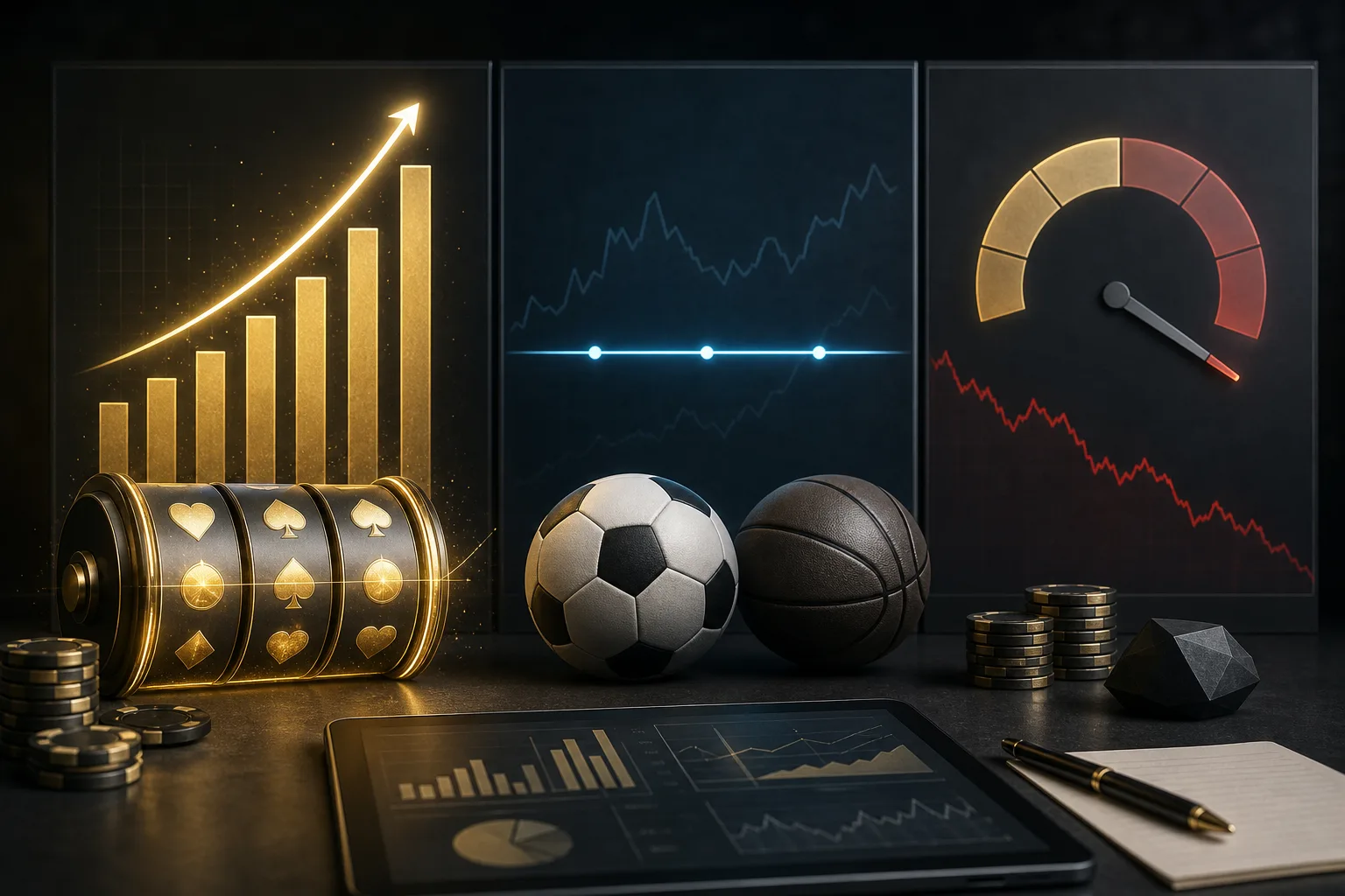 Financial analysis visual contrasting online casino growth, flat sports betting revenue and lower EBITDA