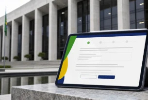 Brazilian government building and tablet showing an abstract betting authorisation consultation