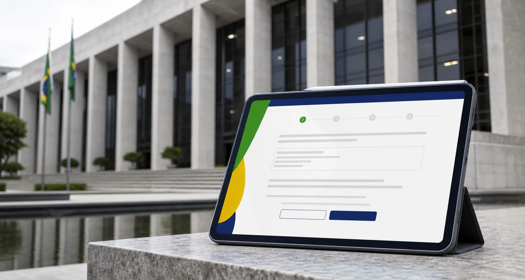 Brazilian government building and tablet showing an abstract betting authorisation consultation