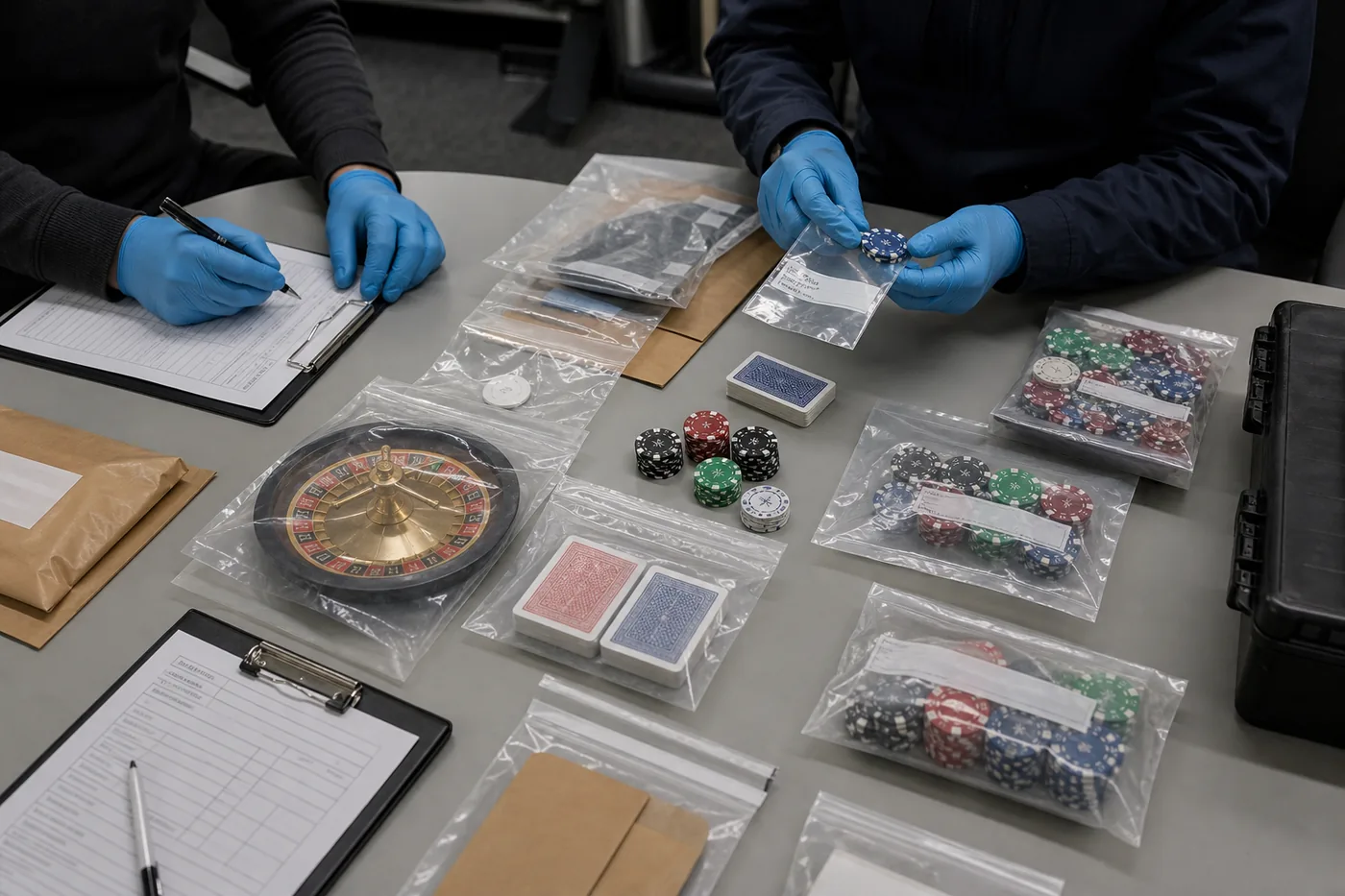 Anonymous investigators cataloguing generic casino equipment after an illegal gambling enforcement operation