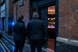Anonymous enforcement officers outside a city-center property during a suspected illegal casino investigation in Bristol