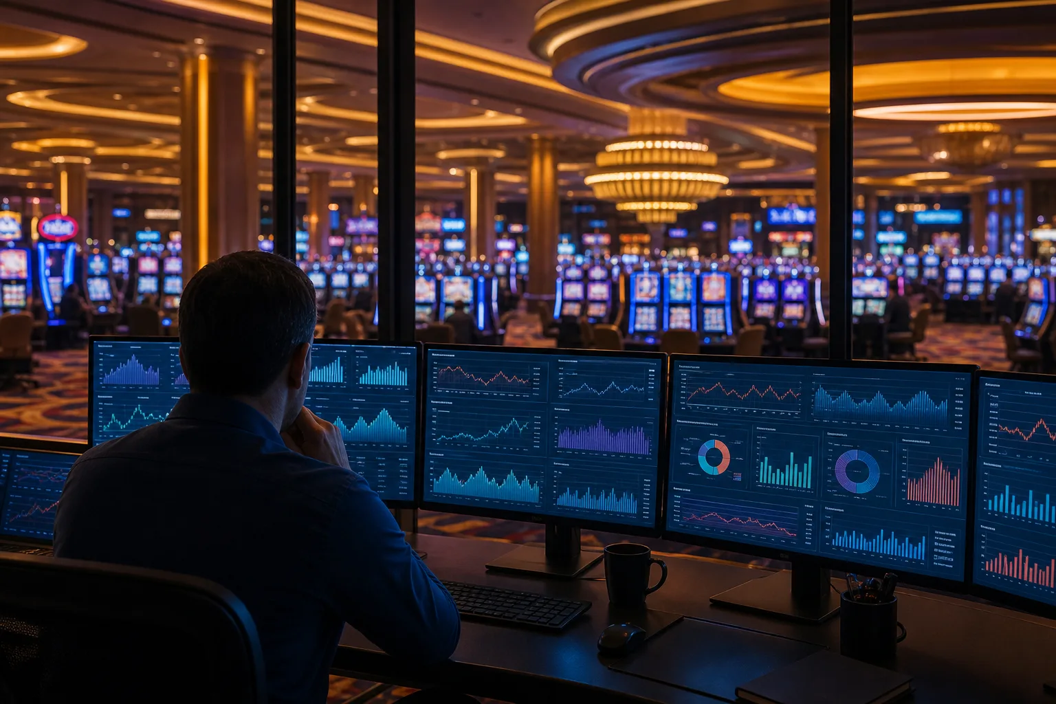 Casino technology analyst reviewing abstract performance dashboards overlooking a gaming floor