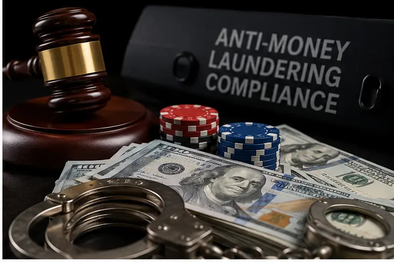 Casino anti-money laundering compliance gavel with chips and cash