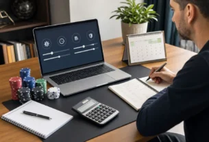 Adult casino player planning bankroll management budget bet size and limits on a laptop
