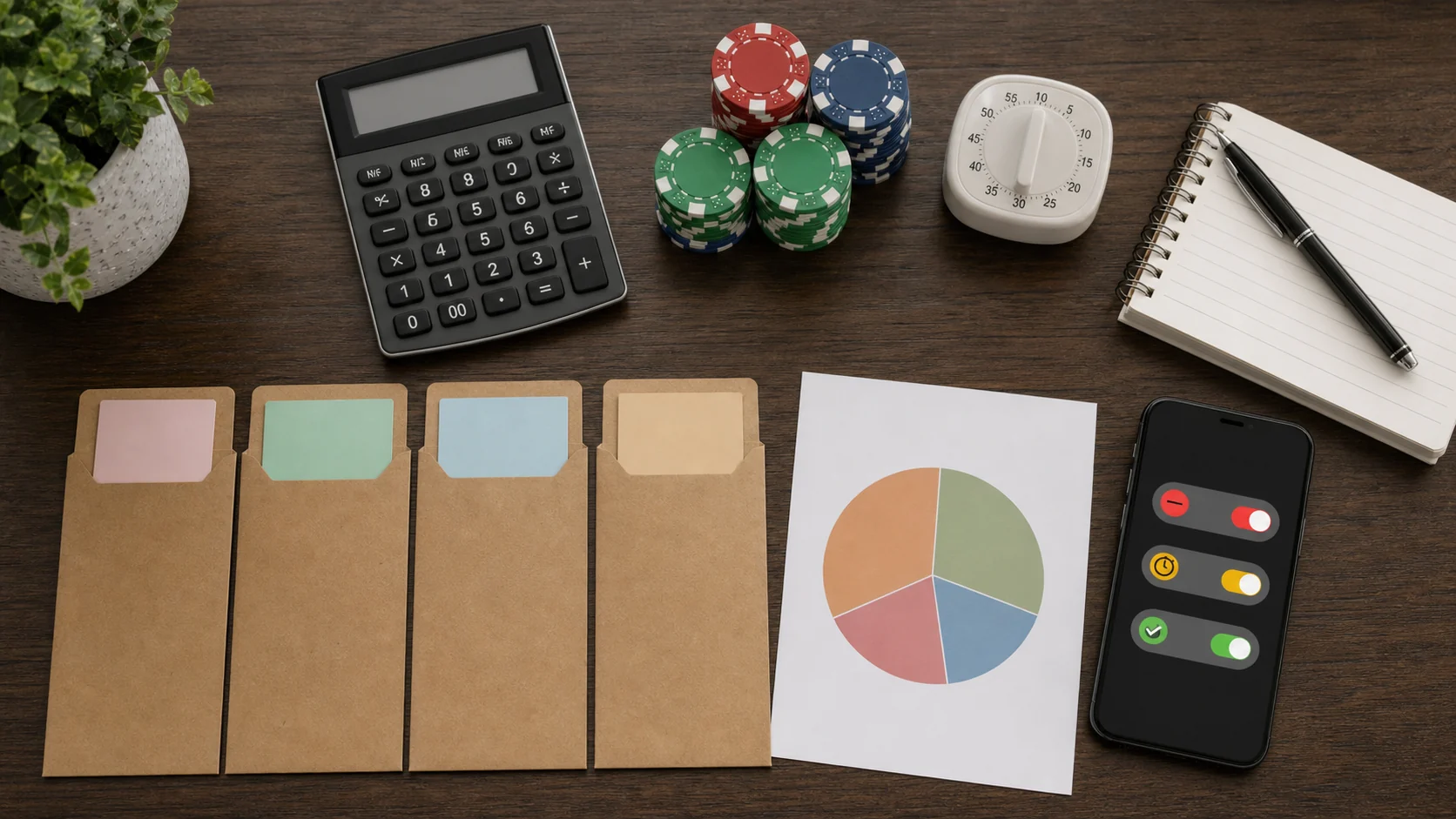 Casino bankroll management checklist with calculator chip stacks timer notebook and limit controls