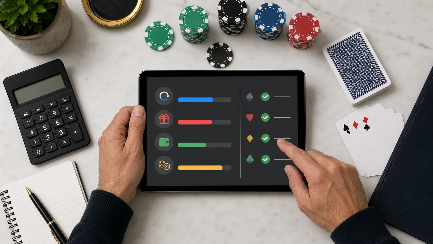 Adult player comparing casino bonus terms and wagering progress on a tablet