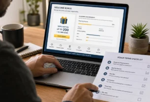 Adult online casino player reviewing a bonus wagering requirements checklist before claiming a promotion