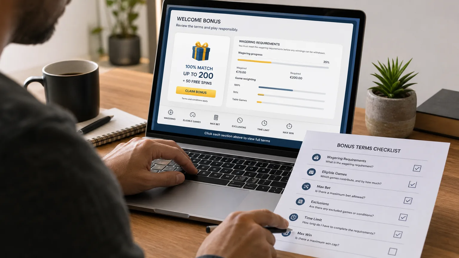 Adult online casino player reviewing a bonus wagering requirements checklist before claiming a promotion