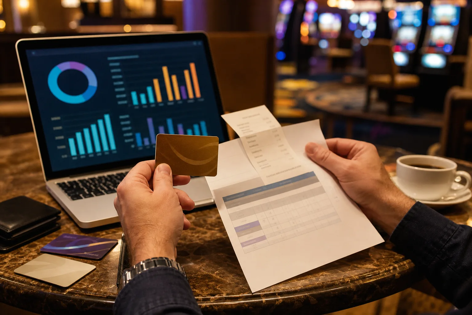 Adult player comparing casino tier credits, comps and rewards value at a laptop