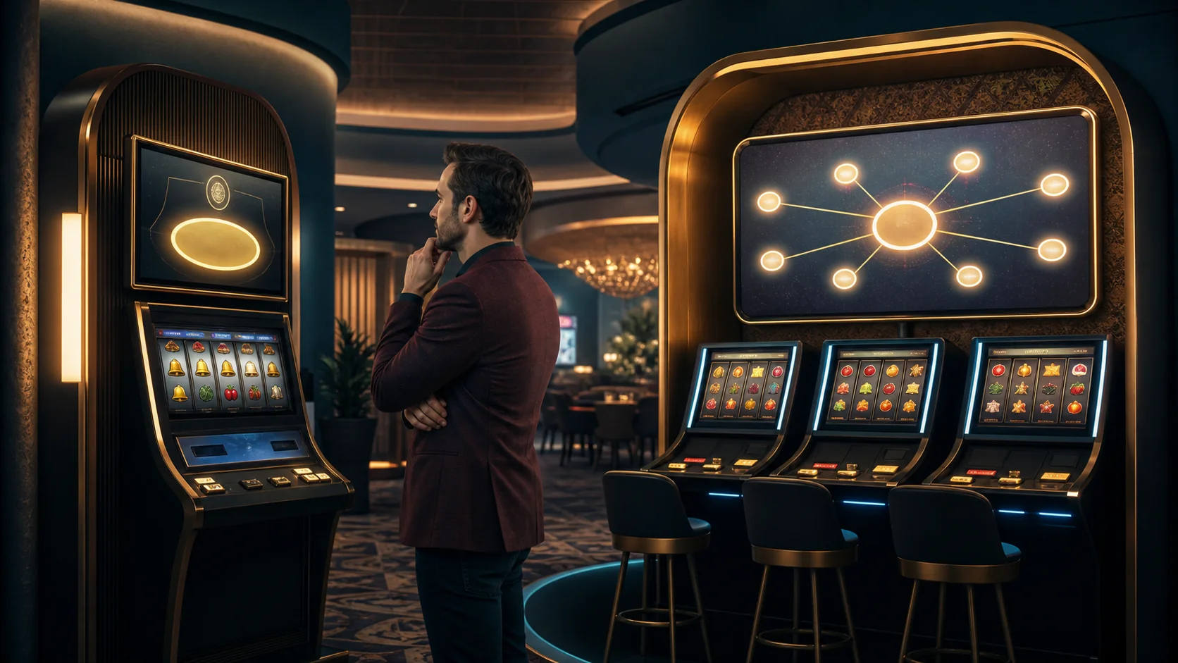 Adult player comparing a standalone fixed jackpot machine with a network of progressive jackpot games