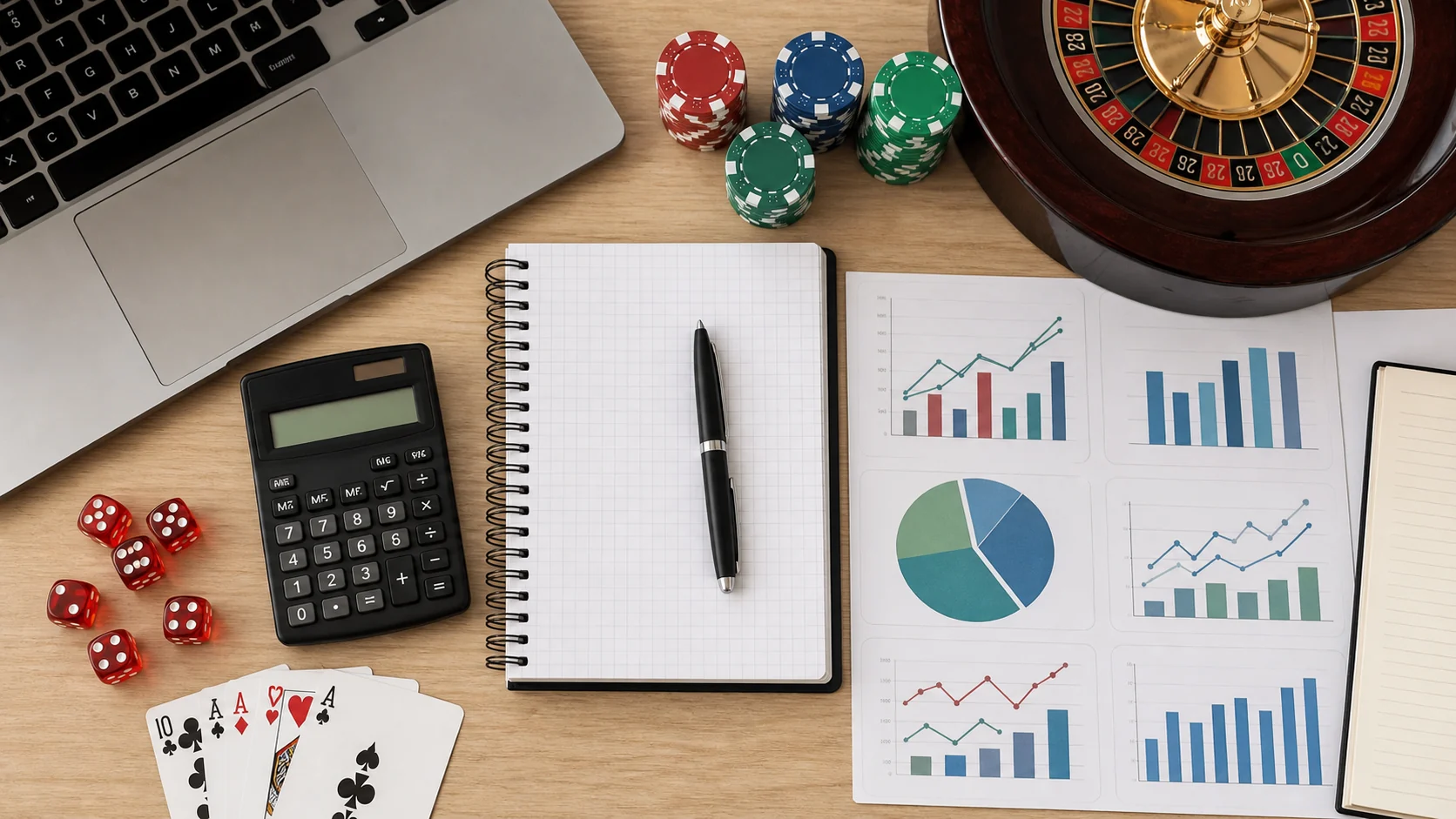 Casino game odds comparison checklist with calculator cards dice roulette and charts