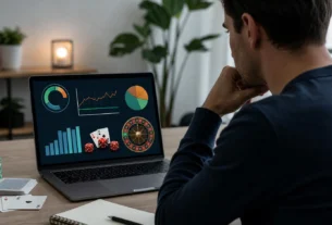 Adult casino player reviewing house edge RTP and game odds charts on a laptop