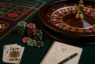 Roulette wheel, cards and gaming chips arranged beside a notebook illustrating casino house edge and RTP