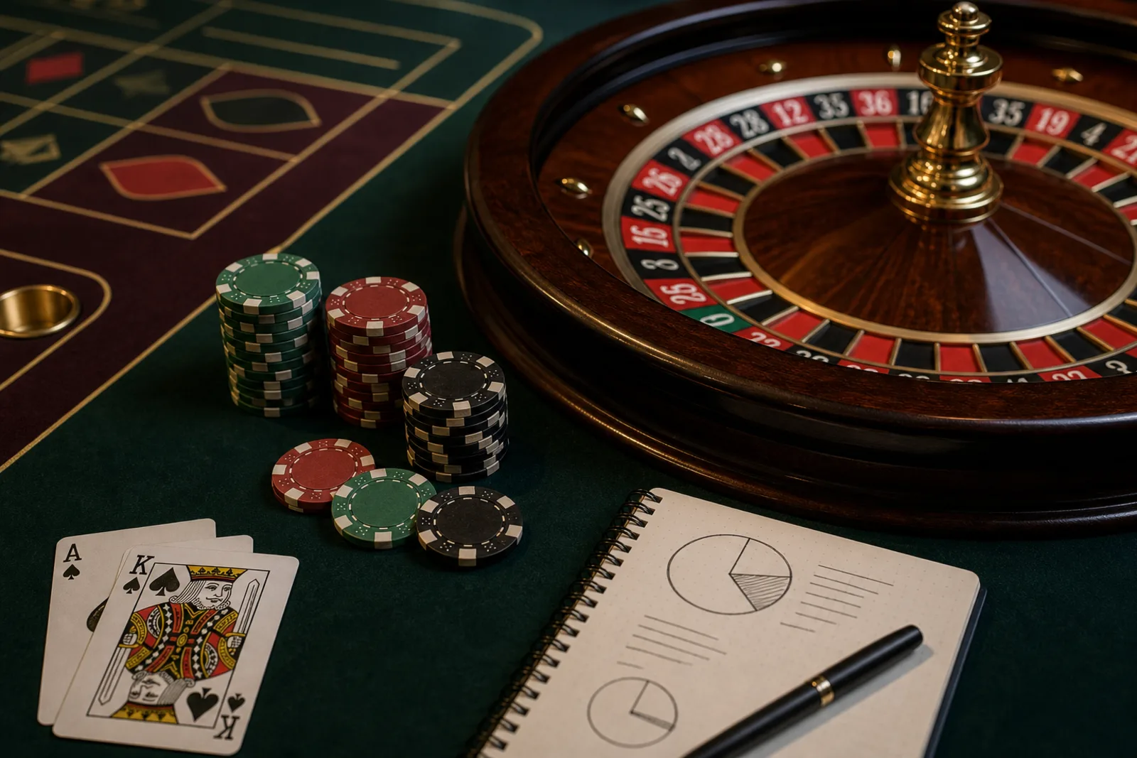 Roulette wheel, cards and gaming chips arranged beside a notebook illustrating casino house edge and RTP