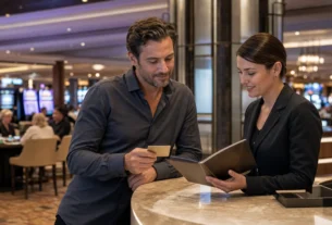 Adult casino player reviewing a loyalty card and rewards brochure with a casino host