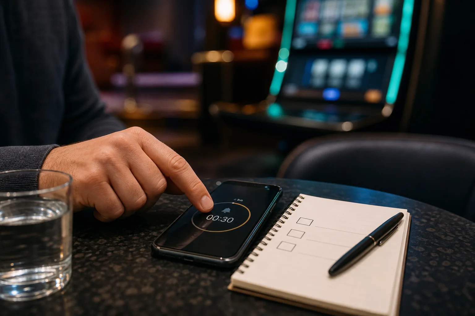 Adult player setting a 30 minute casino session timer beside a gambling checklist