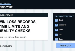 Casino session tracking dashboard showing win loss records time limits bankroll notes and reality checks for adults 21 plus