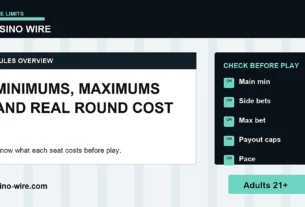 Casino table game dashboard showing minimum bet maximum bet side bets and session cost for adults 21 plus