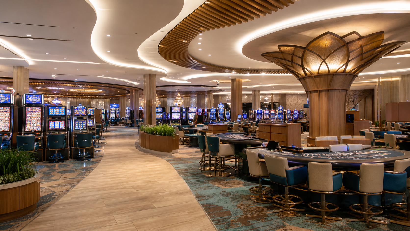 Bright smoke-free casino space with slot machines and table games inside a tribal resort