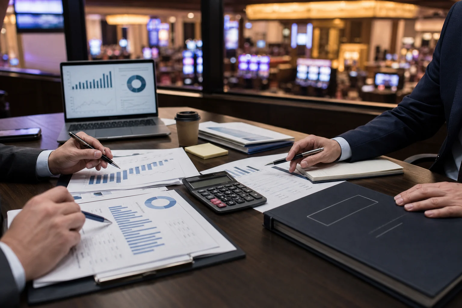 Casino resort executives reviewing cash flow documents and debt refinancing options