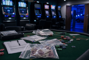 Poker table, slot machines and evidence bags inside a raided unlicensed gambling venue in a UK enforcement scene