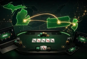DraftKings online poker table connected across Michigan Pennsylvania and New Jersey on a glowing US map