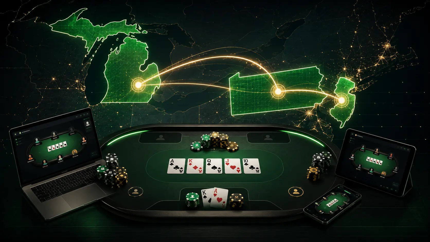 DraftKings online poker table connected across Michigan Pennsylvania and New Jersey on a glowing US map