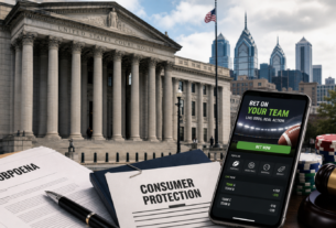 Philadelphia courthouse with sportsbook promotion screen and consumer protection subpoena documents