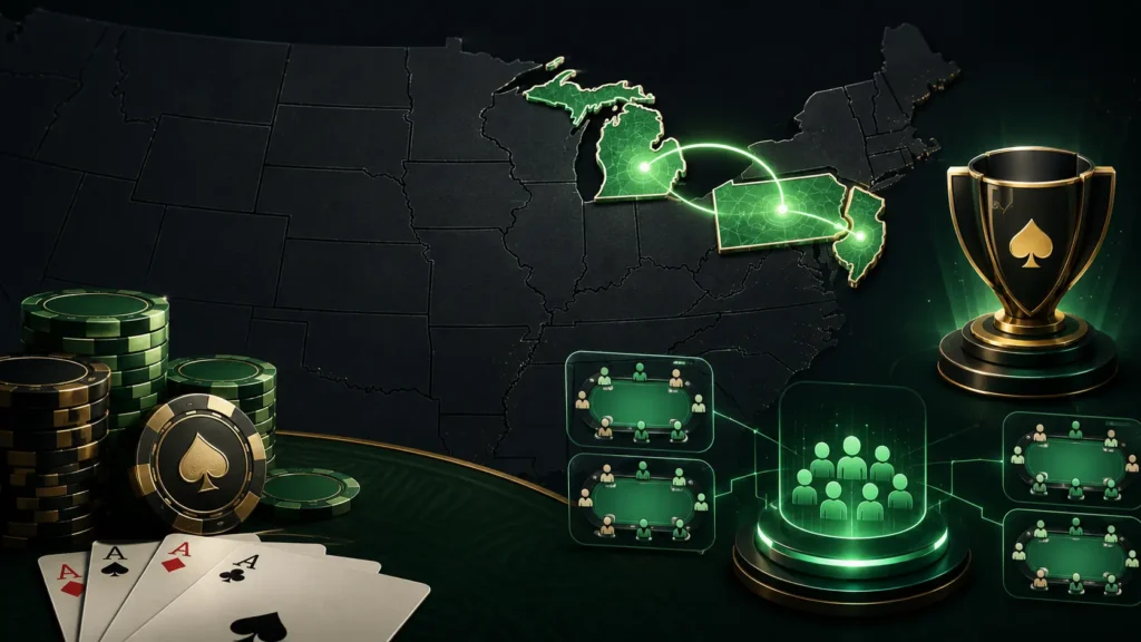 Poker trophy and chips beside a map showing Michigan Pennsylvania and New Jersey connected for online poker