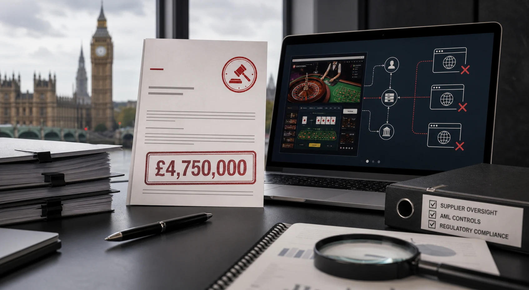 UK gambling enforcement document showing a 4.75 million pound settlement and online casino supplier oversight controls