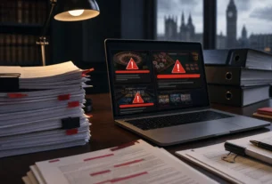 Laptop showing blocked casino sites beside compliance files in a UK regulatory enforcement scene