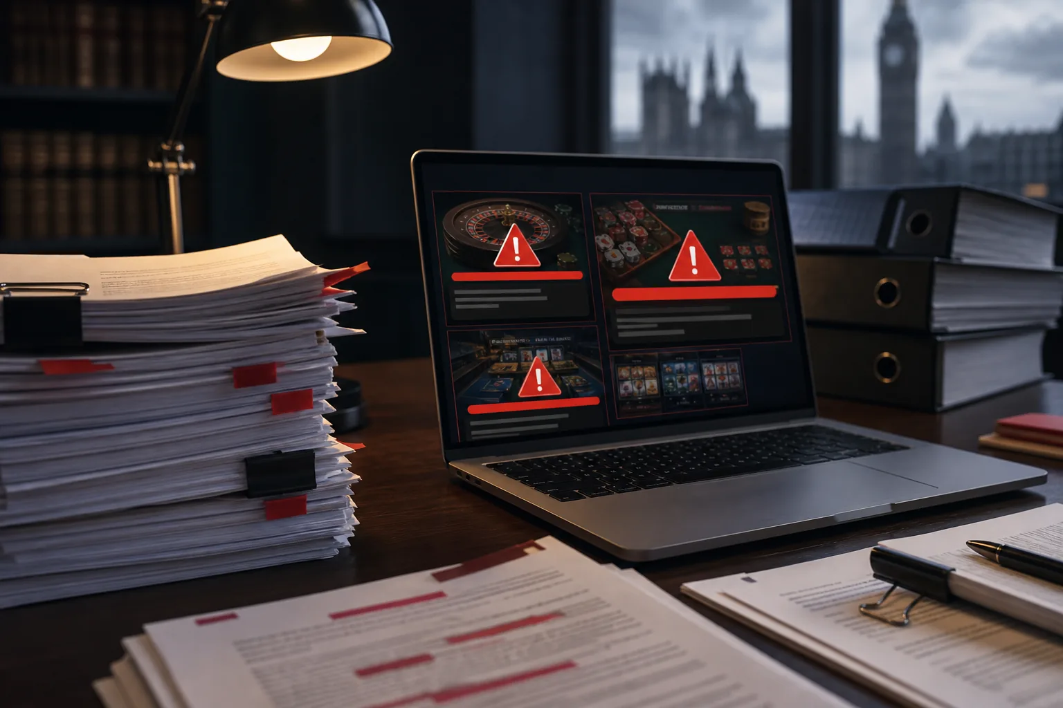 Laptop showing blocked casino sites beside compliance files in a UK regulatory enforcement scene