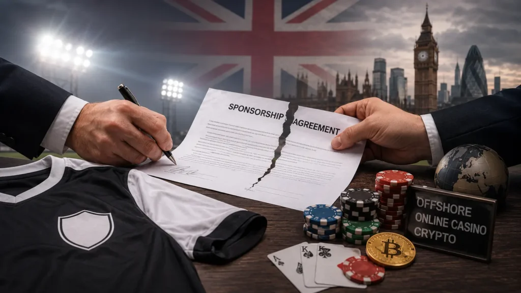 Torn football sponsorship agreement with casino chips and offshore crypto casino sign under UK skyline