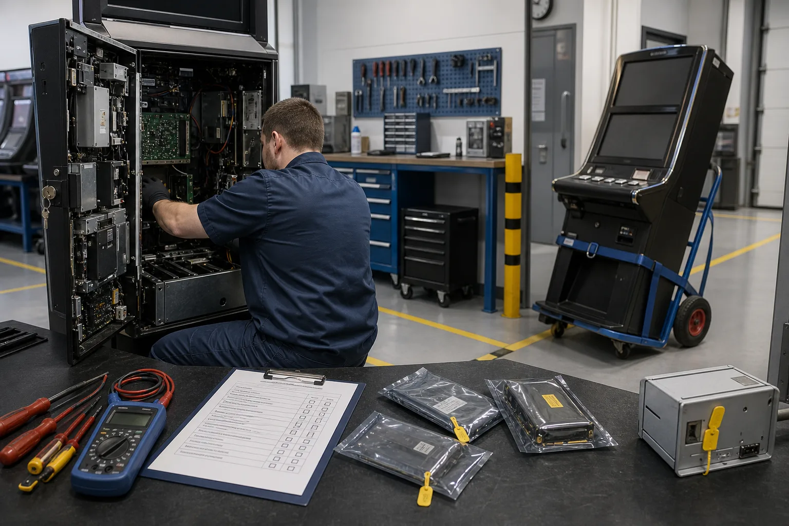 Technician inspecting gaming machine components and technical controls before a cabinet is returned to service