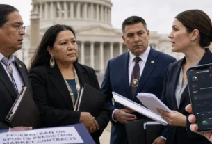Indian Gaming Association leaders near the US Capitol discussing a federal ban on sports prediction market contracts