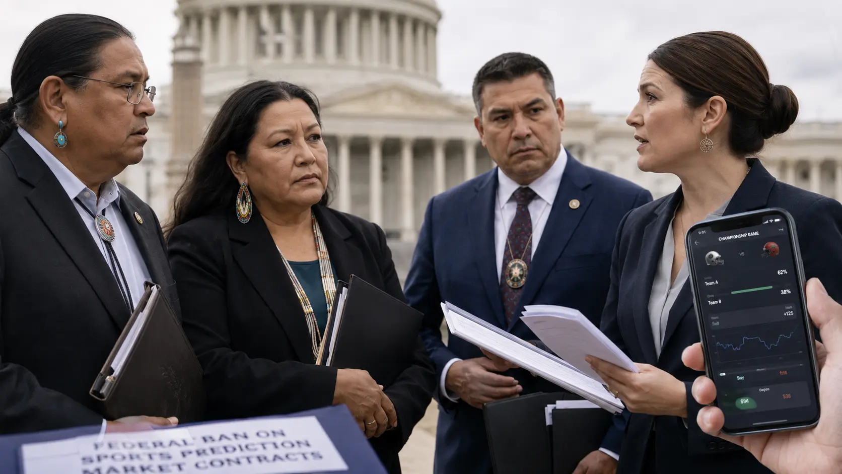 Indian Gaming Association leaders near the US Capitol discussing a federal ban on sports prediction market contracts