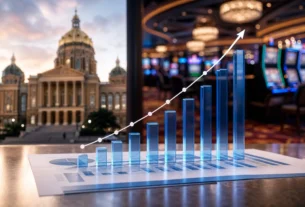 Iowa civic building and casino floor blended with an annual revenue chart