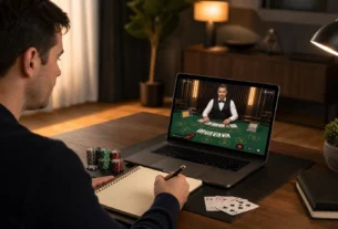Adult player reviewing live casino table rules on a laptop before joining a game