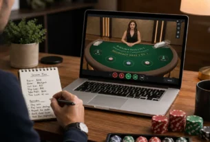 Adult live dealer casino player planning blackjack table etiquette, bet size and session limits