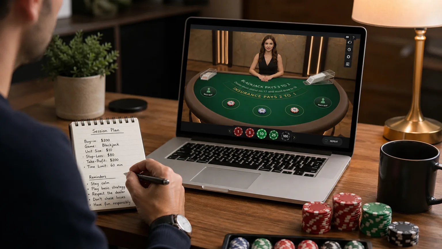 Adult live dealer casino player planning blackjack table etiquette, bet size and session limits
