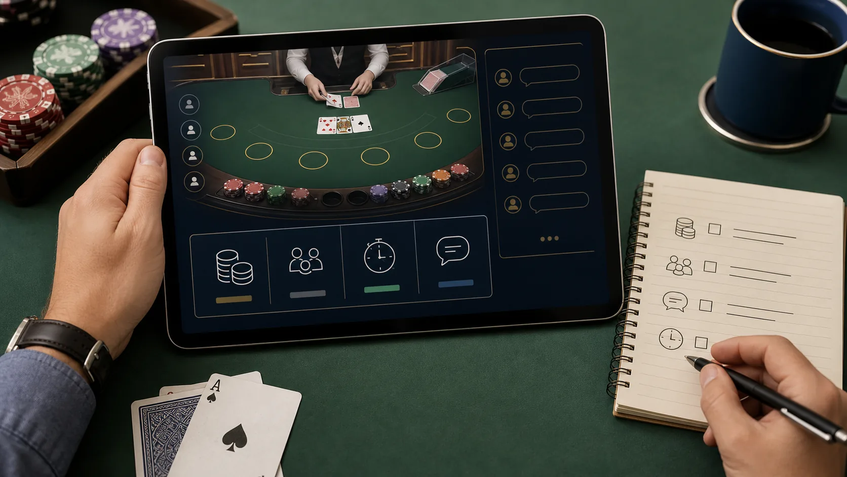 Adult player checking live dealer table limits and chat etiquette on a tablet