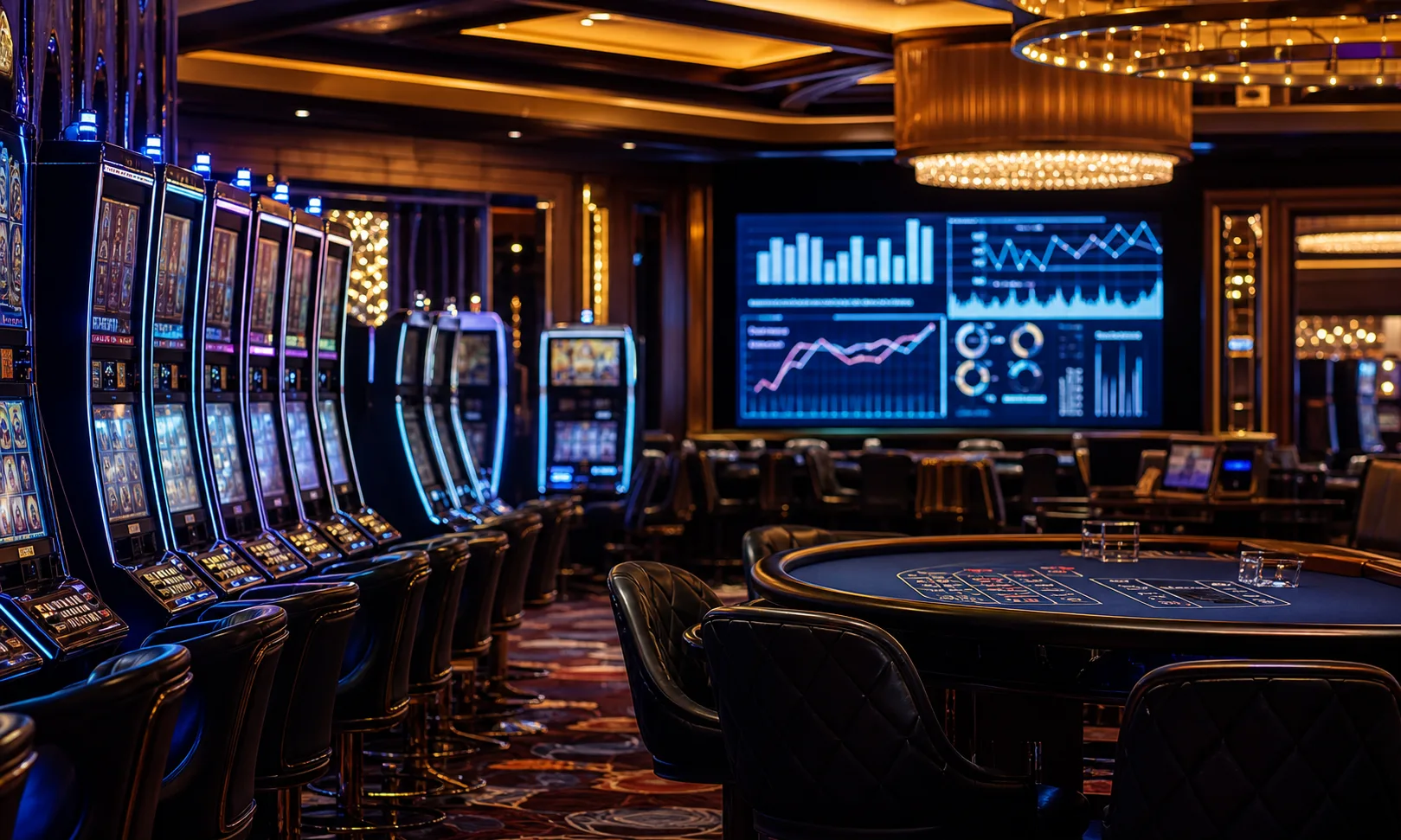 Casino floor and financial analysis screens illustrating stronger gaming revenue alongside digital operating pressure