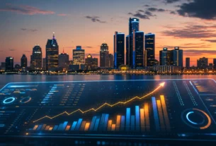 Detroit skyline with an abstract upward iGaming revenue dashboard